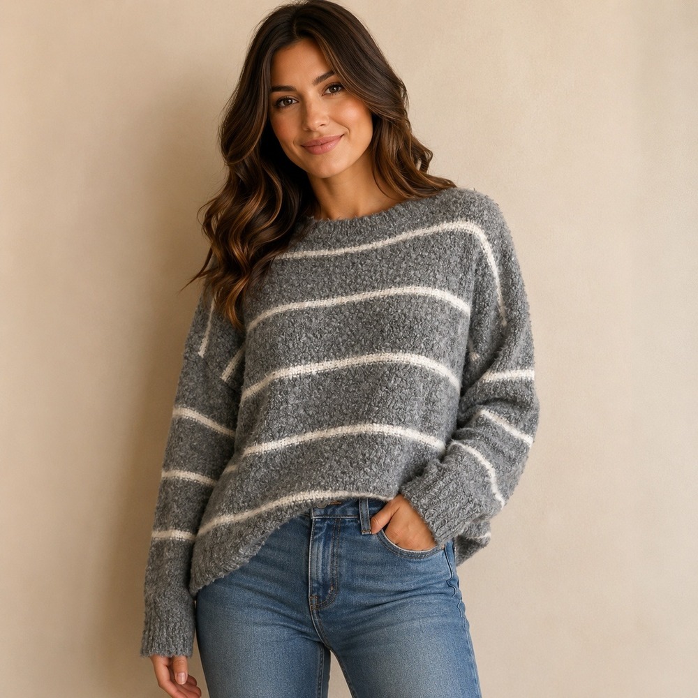 Dreamers by Debut Grey White Striped Boucle Knit Sweater C9849 Womens SM - Picture 1 of 8